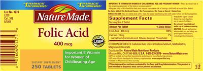 Photo of the Nature Made Folic Acid 400 mcg label
