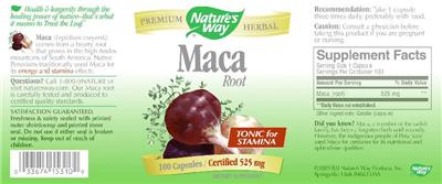 Photo of the Nature's Way Maca Root 525 mg label