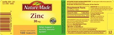 Product label for Zinc 30 mg