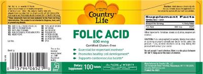 Photo of the Country Life Folic Acid 800 mcg label