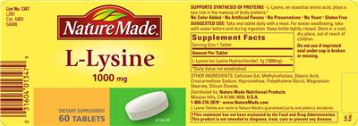 Photo of the Nature Made L-Lysine 1000 mg label