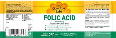 Photo of the Country Life Folic Acid 800 mcg label