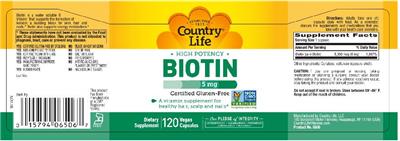 Photo of the Country Life High Potency Biotin 5 mg label