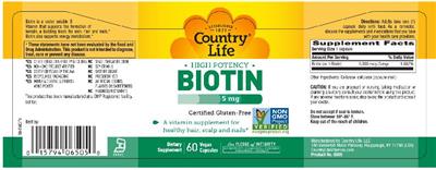 Photo of the Country Life High Potency Biotin 5 mg label