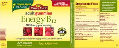 Photo of the Nature Made Energy B12 Adult Gummies 1000 mcg label