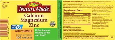 Photo of the Nature Made Calcium Magnesium Zinc label