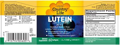 Photo of the Country Life Lutein With Zeaxanthin 20 mg label
