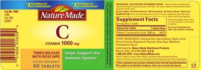 Photo of the Nature Made Vitamin C 1000 mg With Rose Hips label