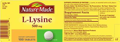 Photo of the Nature Made L-Lysine 500 mg label