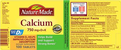 Photo of the Nature Made Calcium 750 mg+D+K label