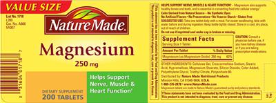 Photo of the Nature Made Magnesium 250 mg label