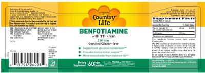 Photo of the Country Life Benfotiamine 150 mg With Thiamin label
