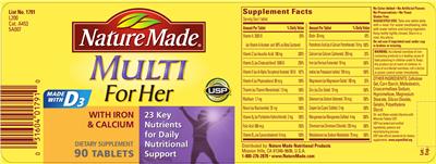Photo of the Nature Made Multi For Her With Iron & Calcium label