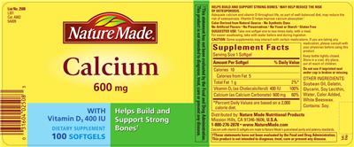 Photo of the Nature Made Calcium 600 mg With Vitamin D3 400 IU label