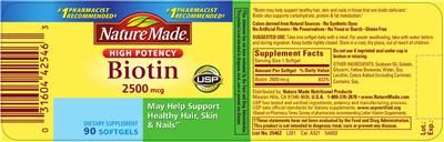 Photo of the Nature Made High Potency Biotin 2500 mcg label