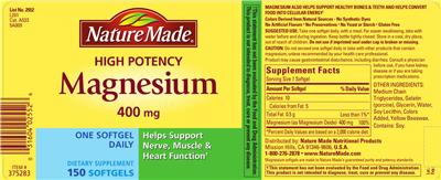 Photo of the Nature Made High Potency Magnesium 400 mg label