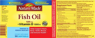 Fish Oil 1200 mg + Vitamin D 1000 IU のラベル画像（NIH DSLD）