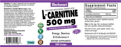 Photo of the Bluebonnet L-Carnitine 500 mg label