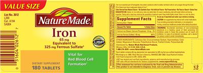 Photo of the Nature Made Iron 65 mg label