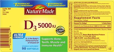 Photo of the Nature Made Vitamin D3 5000 IU label