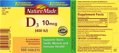 Photo of the Nature Made D3 10 mcg (400 IU) label