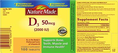 Photo of the Nature Made D3 50 mcg (2000 IU) label