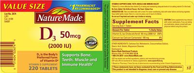 Photo of the Nature Made D3 50 mcg (2000 IU) label