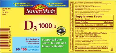 Photo of the Nature Made D3 1000 IU label