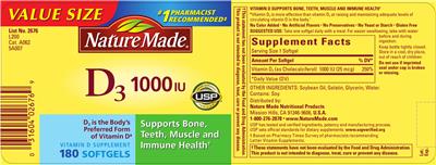 Photo of the Nature Made D3 1000 IU label