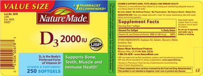 Photo of the Nature Made Vitamin D3 2000 IU label