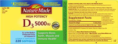Photo of the Nature Made High Potency D3 5000 IU label