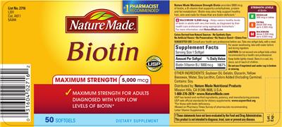 Photo of the Nature Made Maximum Strength Biotin 5,000 mcg label