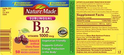 Photo of the Nature Made Vitamin B12 1000 mcg Cherry Flavor label