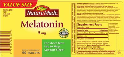 Photo of the Nature Made Melatonin 5 mg label