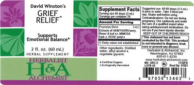 Photo of the Herbalist & Alchemist David Winston's Grief Relief label
