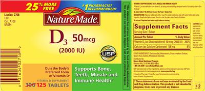 Photo of the Nature Made D3 50 mcg (2000 IU) label