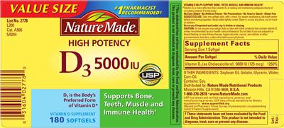Photo of the Nature Made High Potency D3 5000 IU label