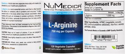 Photo of the NuMedica L-Arginine 750 mg label