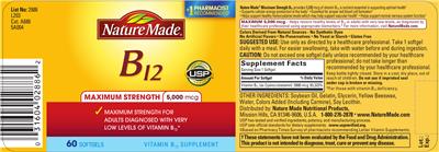 Photo of the Nature Made Maximum Strength B12 5,000 mcg label