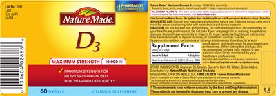 Photo of the Nature Made Maximum Strength D3 10,000 IU label