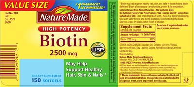 Photo of the Nature Made High Potency Biotin 2500 mcg label