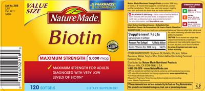 Photo of the Nature Made Maximum Strength Biotin 5,000 mcg label