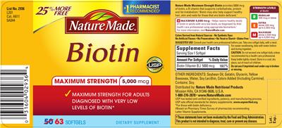 Photo of the Nature Made Maximum Strength Biotin 5,000 mcg label