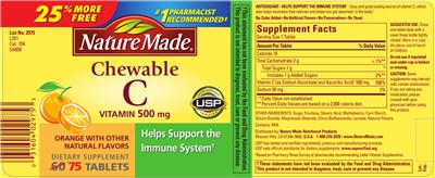 Photo of the Nature Made Chewable Vitamin C 500 mg label