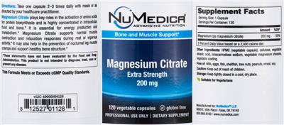 Photo of the NuMedica Magnesium Citrate Extra Strength 200 mg label