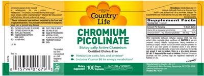 Photo of the Country Life Chromium Picolinate label