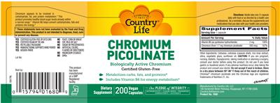Photo of the Country Life Chromium Picolinate label
