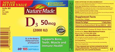 Photo of the Nature Made D3 50 mcg (2000 IU) label