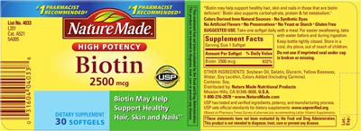 Photo of the Nature Made High Potency Biotin 2500 mcg label