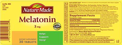 Photo of the Nature Made Melatonin 3 mg label